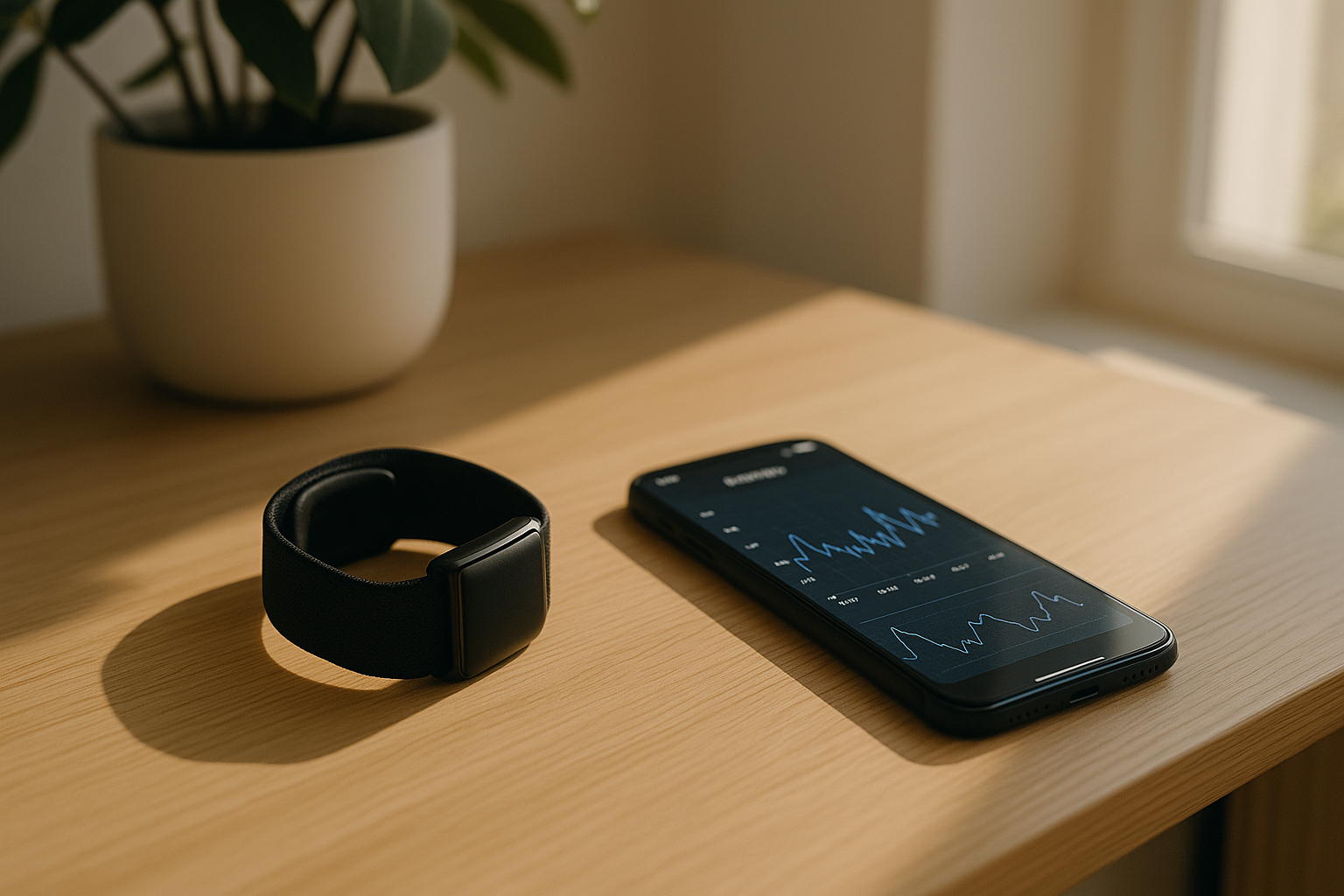 Horizontales Foto eines hellen, minimalistischen Holztisches mit einem Activity-Tracker und einem Smartphone, das Gesundheitsdaten anzeigt.